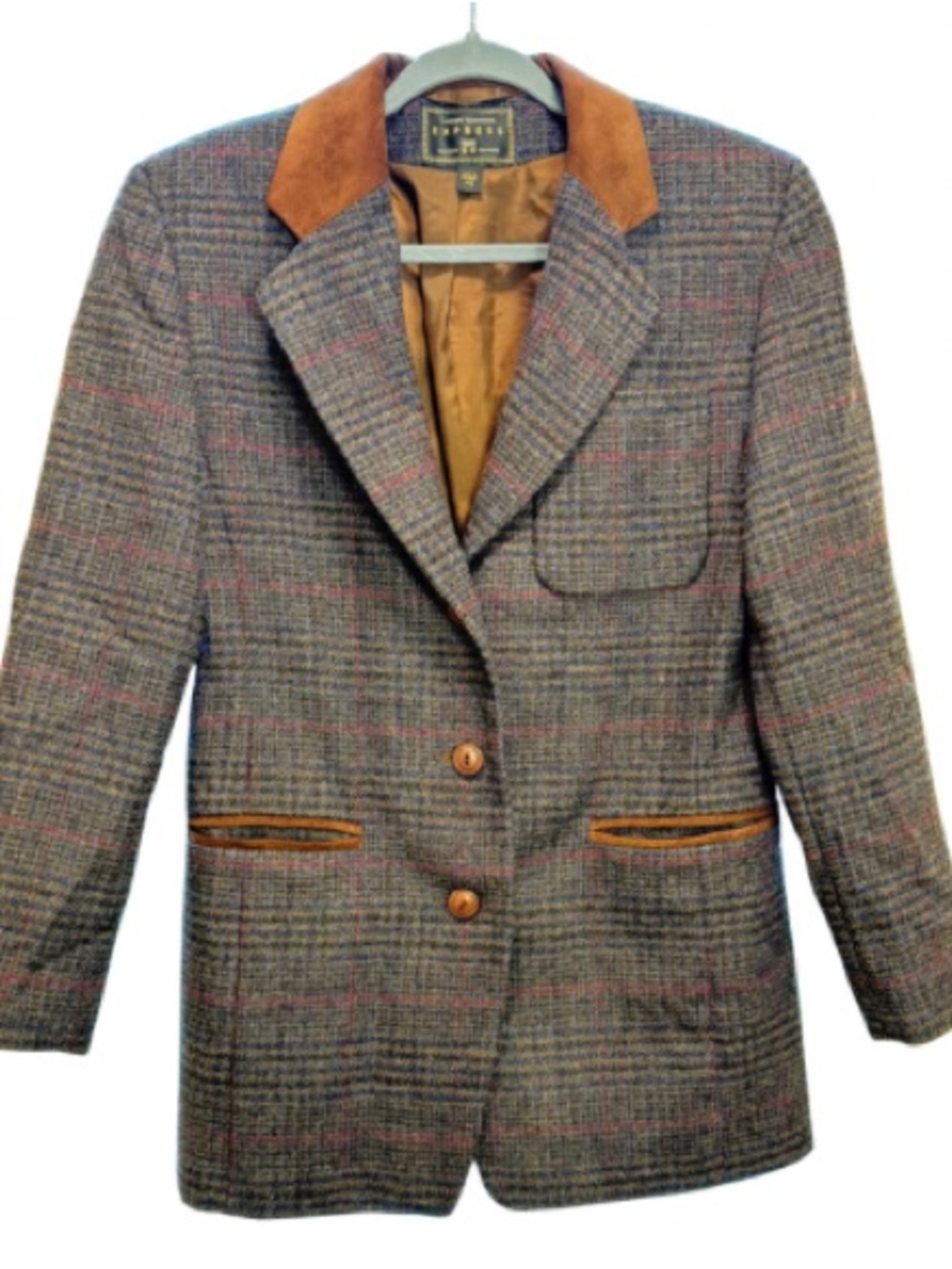 VTG Express Wool Plaid Leather Collar Blazer XS Academia Preppy Warm Schoolgirl